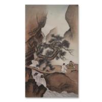 Peinture sur soie traditionnelle chinoise 100% peinte à la main, paysage de cascade zen et pin, 100x55cm, décoration murale pour bureau