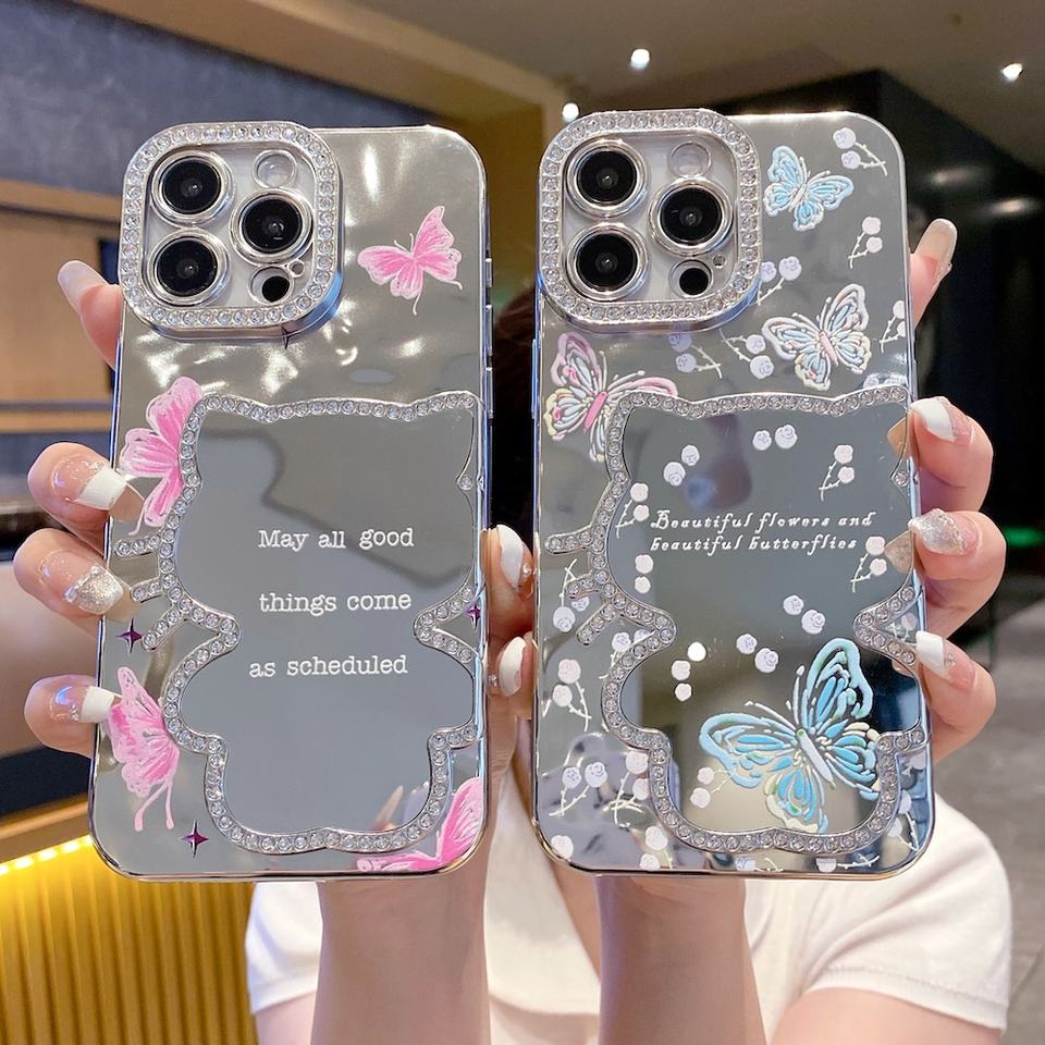 Luxury Glitter Diamond Kitty Floral Butterfly Electroplated Mirror Case