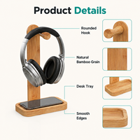 Support pour casque en bambou personnalisable avec plateau pour téléphone, organisateur de bureau multifonctionnel, support pour casque en bambou