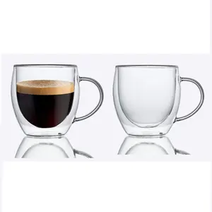 8oz Clear Glass Drinkware Tea Cups Double Wall Glass Coffee Mugs Set with Handle for Espresso Cappuccino Latte Hot Beverage