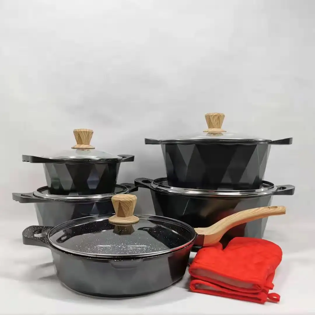 Ustensiles de cuisine anti-adhésifs, marmite en aluminium personnalisée, Wok moulé sous pression, ensemble de cadeaux en pierre médicale 12 pièces, ensemble de casseroles et poêles