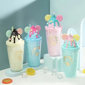Awaii-taza fría de doble pared para beber zumo para niños y niñas, vaso de helado de plástico reutilizable sin BPA a prueba de fugas con pajita, 450mL - Product Image 1