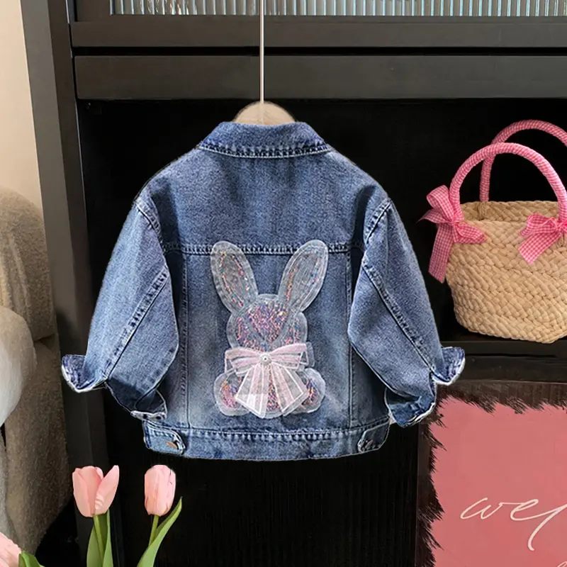 Jaket Denim untuk anak perempuan, mantel pakaian anak-anak musim gugur, pakaian bayi perempuan, jaket jins berpayet, pakaian luar untuk anak perempuan