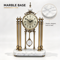 Jam Meja Pendulum Marmer Logam Vintage Jam Meja Dekoratif Kuarsa Senyap Ornamen Rumah Mewah Eropa