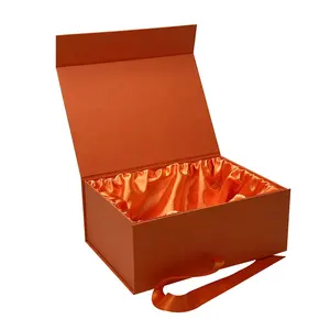럭셔리 새틴 실크 라이닝 오렌지 리본 클로저 페이퍼보드 가발 박스 커스텀 로고 디자인 포장