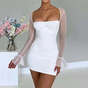 Vestido Blanco Ajustado sin Tirantes con Fruncido, Cintura Alta, Manga Larga, Transparente, Estilo Campana, para Cóctel, Color Sólido, Poliéster FD9732 - Product Image 1