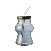 Gobelet en verre borosilicate avec couvercle en bambou et pailles, côtelé vertical, 3 couleurs