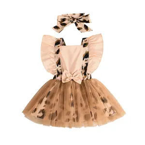 새로운 여아 스트랩 드레스 스플라이스 메쉬 스커트 투피스 치든 세트 인쇄 유아 및 어린이 패션 캐주얼 여름 레이스