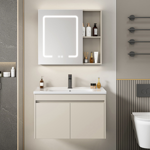 Mueble de Baño Moderno de Aleación de Aluminio Impermeable en Color Blanco Crema con Espejo LED Inteligente y Lavabo de Cerámica - Product Image 5