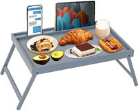 Plateau de rangement pliable en bambou avec finition laquée Plateau de service avec fentes pour lecture et téléphone pour le petit-déjeuner