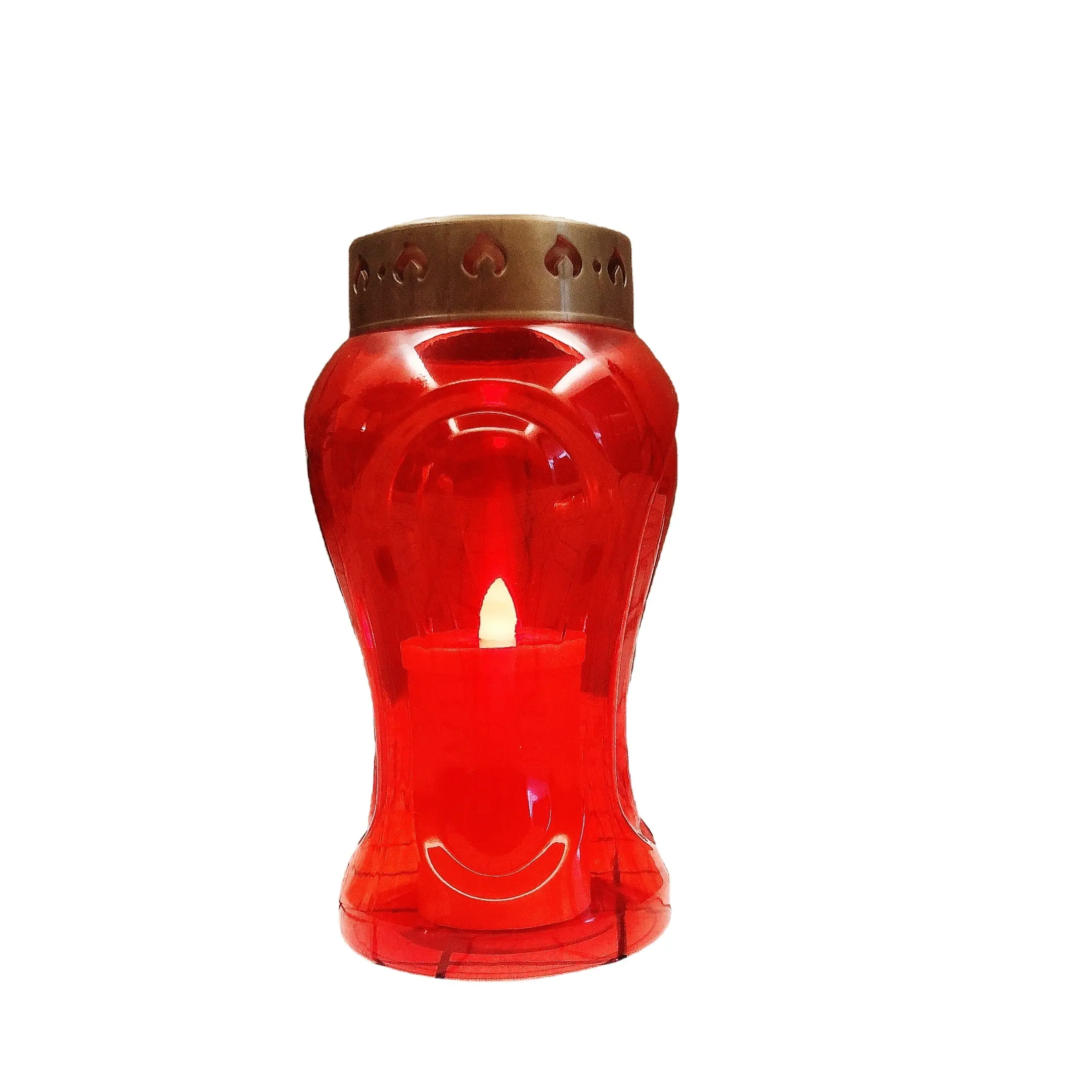 Flameless Golden Round Cover Red Plastic Bottle Enclosure Cementerio Flickering Led Grave Prayer Candle Lights Cemetery Lamp