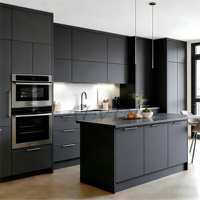 Meubles de cuisine ALVIN en forme de L, finition brillante, gris clair, avec étagère à vin LED, comptoir en marbre, armoire de rangement en gros
