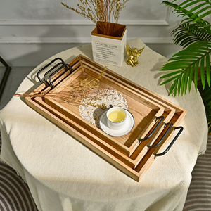 HOME Living Room Rustic Rectangle Wood Flower Carved <b>Tray</b> with Metal Handle - Product Image 3