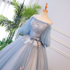 Elegant Off The Shoulder Evening Gown With 3D Flowers Puffy Skirt For Banquet Party Dress - Product Image 4