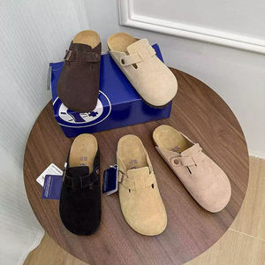 Nouvelles sandales mules plates d'extérieur tendance en cuir véritable et daim pour femme, style Birkenstock, avec semelle en liège Hana, sabots vintage solides - Product Image 2