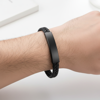Bracelet en cuir véritable tressé noir gravable en acier inoxydable fait main de haute qualité pour homme – Bijou de mode
