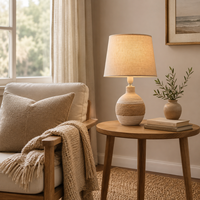 Lampe de table en céramique style bohème côtier, abat-jour en tissu de lin, corde de jute, lampe de chevet LED chaude pour chambre à coucher, salon, décoration intérieure