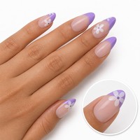 Faux ongles à presser en gros, longs, forme amande, motif fleur de marguerite, pour peaux foncées, avec étiquette privée, couleur lavande, style French Tip