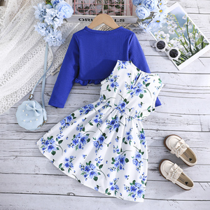 ชุดเสื้อแขนยาวระบายสวยหรูและเดรสลายดอกไม้แบบไม่มีแขนสำหรับเด็ก ชุดสองชิ้นทันสมัยและสง่างาม - Product Image 2