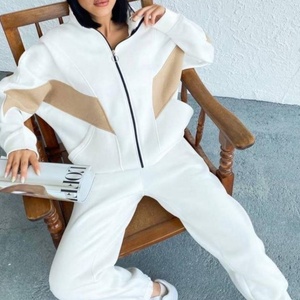 Hot Sale Fashion Women's Contrast Color 2-Piece Set Lined Casual Winter <b>Tracksuit</b> Full Zipper Stand Hoodie Jogger Knitted Plain - Product Image 3