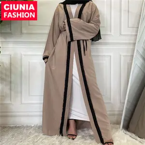 1686 # Baru Grosir Sederhana Warna Solid Desain Dubai Wanita Islami Pakaian Turki Panjang Terbuka Abaya Gaun Panjang