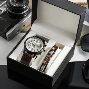 2024 Nieuwe Mode 2 Stuks Armband Quartz Horloge Met Lederen Band Luxe Sport Polshorloge Cadeausets Heren Horloge Set Voor Heren