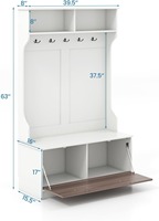 Porte-manteau blanc multifonctionnel avec 5 crochets doubles et banc de rangement Organisateur d'entrée avec armoire à chaussures et compartiments supérieurs