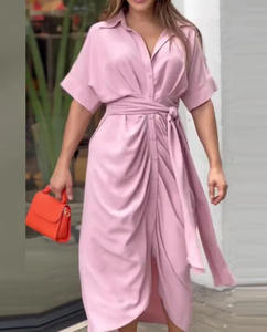 Yeşil gevşek Maxi gömlek elbise kadın yaz rahat zarif turn-aşağı yaka düğmesi aşağı bandaj uzun elbise kısa kollu dantelli - Product Image 3