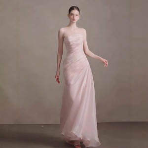 Pink Strapless Wedding Dress Natural Waistline Simple Solid Color Bridal Gown For Coming Of Age Ceremony - Product Image 2