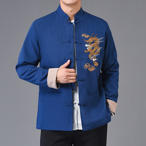 Nouvelle <span class=keywords><strong>tenue</strong></span> Tang de style chinois pour hommes jeunes et d'âge moyen, col montant brodé, manteau printemps-automne, Hanfu rétro - Product Image 4