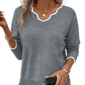 Suéter Casual de Otoño Invierno para Mujer, Suéter Minimalista Elegante de Color Sólido con Cuello de Encaje, Capa Base de Punto - Product Image 1