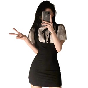 Sweet And Spicy Girl School Style Faux Two Piece Dress 2025 Summer Salt Style Slimming Puff Sleeve Bodycon Mini Skirt For Women - Product Image 5