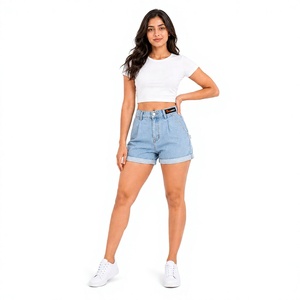 Shorts de mezclilla casuales para mujer al por mayor, shorts de verano personalizados de cintura alta rasgados, shorts de moda de algodón elástico de corte ajustado - Product Image 1