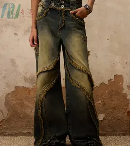Custom OEM Men's Y2K Acid Washed Baggy Loose Denim Street Wear Raw Hem Jeans With Ripped Details