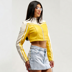 Splendid Apparel Veste de motard color block pour femme en cuir PU blanc et jaune, manches longues, col montant, fermeture éclair, respirante - Product Image 1