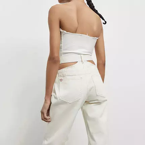 กางเกงยีนส์ผ้าฝ้ายแบบลำลองสำหรับผู้หญิง,กางเกงยีนส์เดนิมขาตรงทรงหลวมเอวสูงมีรูสีขาว - Product Image 3