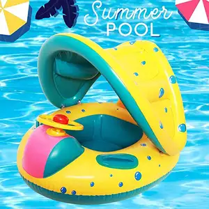 Baby Pool Float Inflatable Swimming Ring with Safety Seat Adjustable Sunshade Canopy for Age 6-36 Months Old Infant Toddler