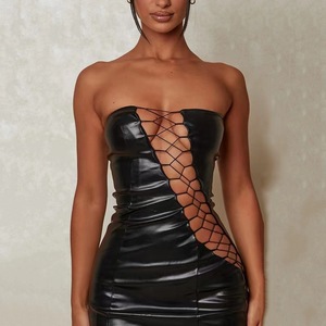 Mode en gros femmes Faux cuir moulante Mini <span class=keywords><strong>robe</strong></span> Sexy sans bretelles à lacets en cuir PU <span class=keywords><strong>robe</strong></span> en <span class=keywords><strong>Latex</strong></span> rue nuit <span class=keywords><strong>robe</strong></span> de soirée - Product Image 5