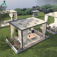 Pergola en aluminium ANCSEM avec toit entrelacé, gazebo, patio extérieur, jardin, villa, éclairage LED personnalisé, tissu blanc fumé, durable