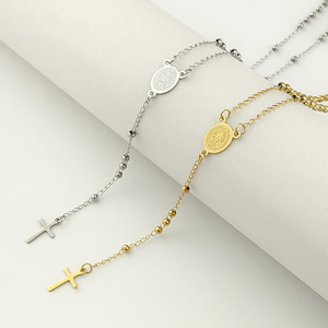 Collana da Donna di Lusso Leggero con Croce e <span class=keywords><strong>Rosario</strong></span> in Acciaio Inossidabile Stile Europeo Americano, con Perline Religiose Cristiane - Product Image 4