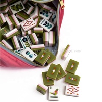 Jeu de Mahjong MCM Vert Olive Rétro Géométrique Floral Américain avec Tuiles à Motifs Artistiques et Pochette en Velours - Bam Bird Boutique