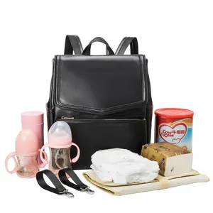 Luxury design waterproof vegan leather diaper bag black baby diaper bag Mommy backpack nappy changing bag