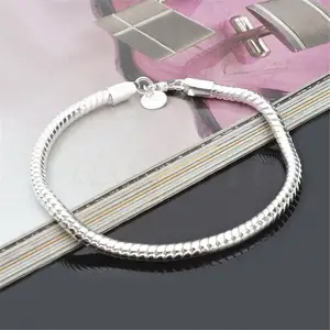 Bracelete 925 prata esterlina 3mm, pulseira corrente de cobra, joias da moda dos homens e mulheres
