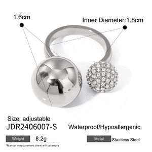 PVD Gold Stainless Steel Adjustable <b>Open</b> <b>Ring</b> for Women | Paved Crystal Ball & Polished Sphere | Waterproof & Hypoallergenic - Product Image 6