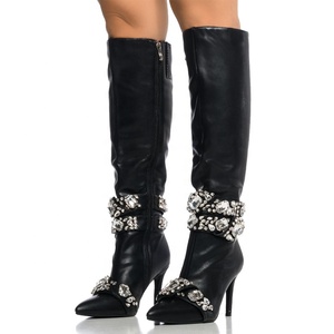 Big Diamonds Embellished Side Zipper Women's Knee High <b>Boots</b> Pointed Toe Cross Straps Long Booties Gold Stiletto Heels - Product Image 4