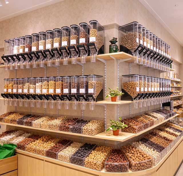 ECOBOX Candy Grain Almond Cashew Display Dispenser Dry Fruits Dry Food Gravity Bin Nuts Wall Mount Bulk Food Dispensers for Shop