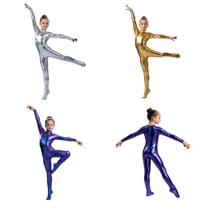 Traje de Danza Iridiscente Metálico de Manga Larga con Cuello Alto y Cremallera Trasera para Niñas, Ideal para Actuaciones Escénicas - Product Image 1