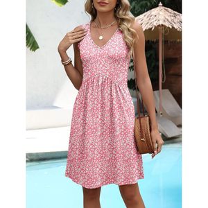 Robe d'été décontractée pour femmes, col en V, sans manches, imprimé floral, coupe trapèze, taille élastique, respirante - Product Image 2