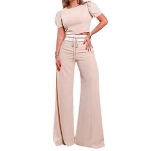 Spring and Summer New Round Neck <b>Bubble</b> Sleeve <b>Top</b> Tie Wide Leg Pants Women's Casual 2 Piece Set Fashion - Product Image 6