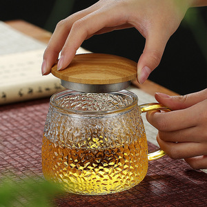 Taza de té de vidrio martillado estilo japonés con tapa y filtro para preparar té verde, uso en oficina - Product Image 3